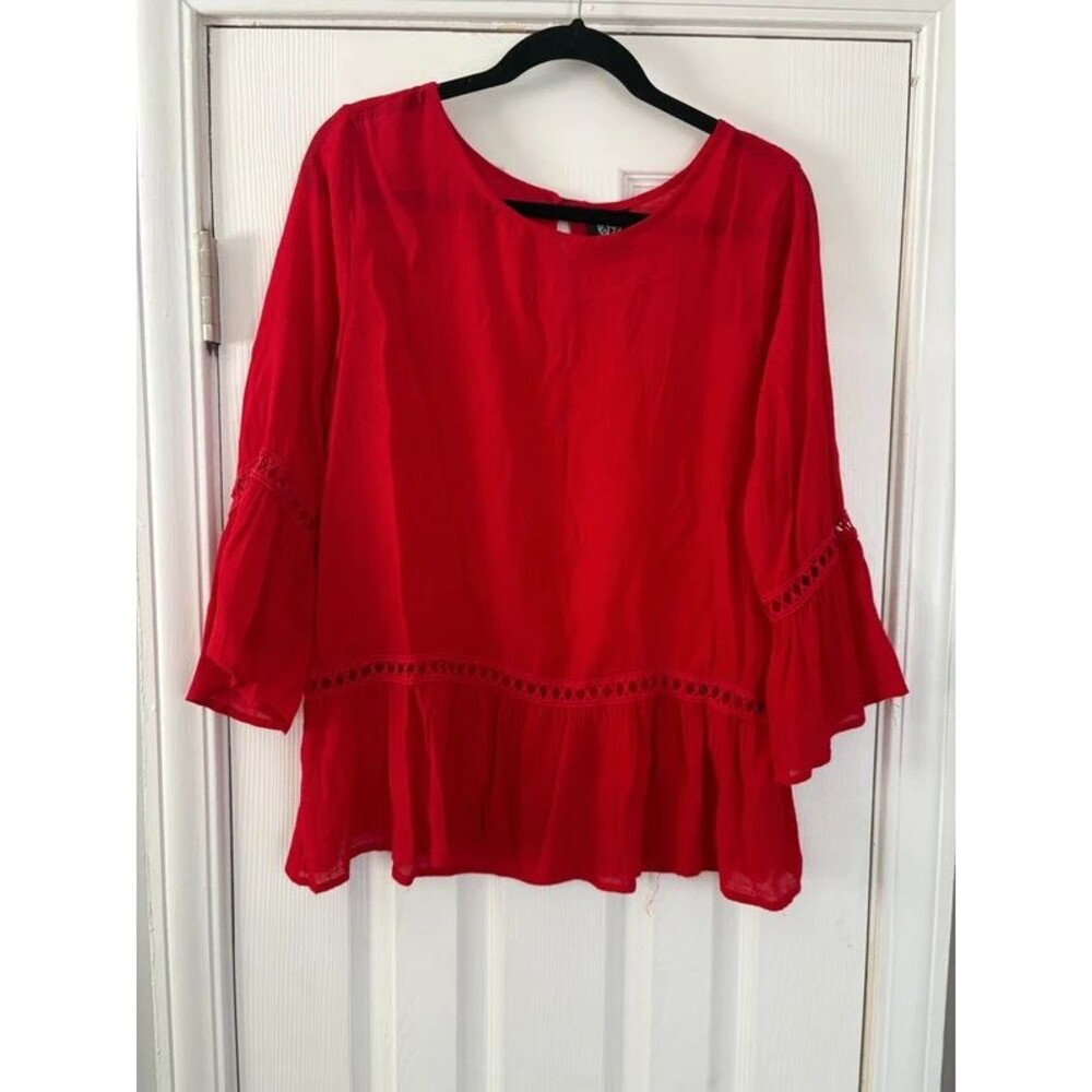 Bobeau Red Crochet Lace Trim Bell Sleeve Blouse Top Size L